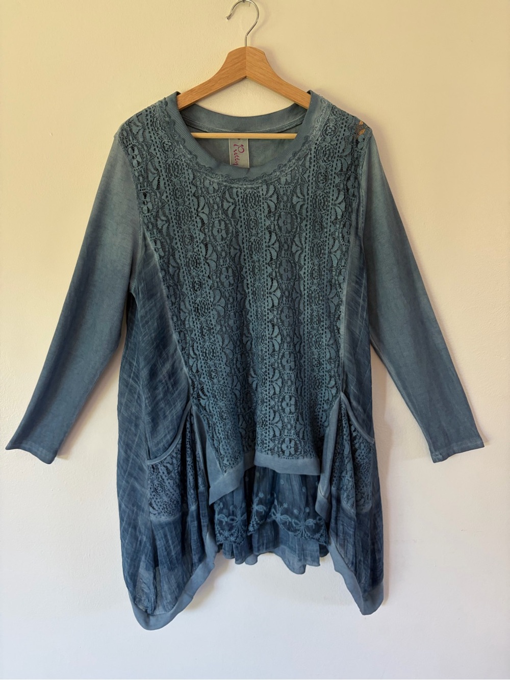 Pretty Angel Blue Lace Long Sleeve Flowy  Liunen Blend Boho Tunic Top